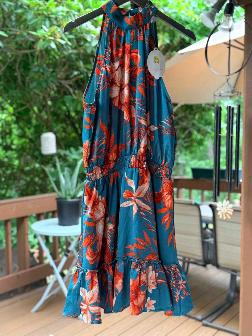 High-Neck Teal Floral Mini Dress with Smocked Waist - Picture 4 of 12